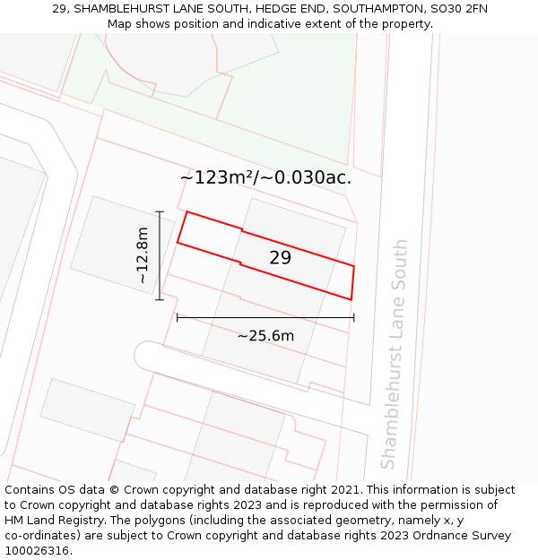 29, SHAMBLEHURST LANE SOUTH, HEDGE END, SOUTHAMPTON, SO30 2FN: Plot and title map