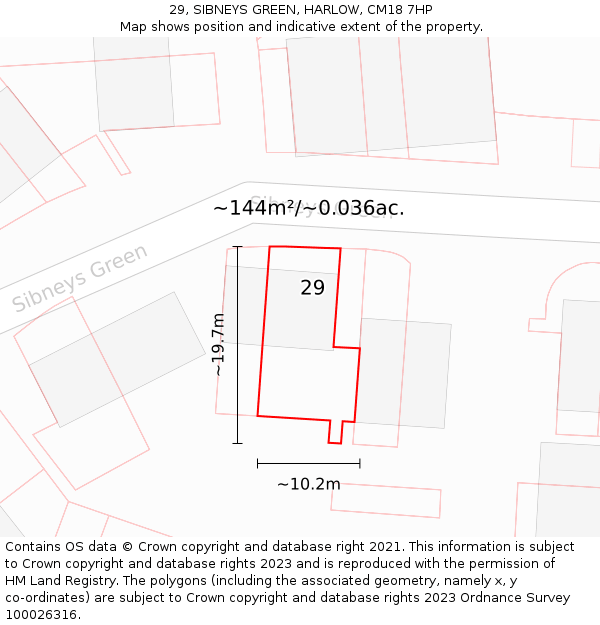 29, SIBNEYS GREEN, HARLOW, CM18 7HP: Plot and title map