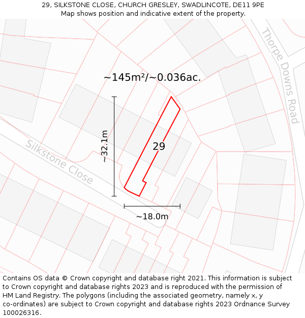 29, SILKSTONE CLOSE, CHURCH GRESLEY, SWADLINCOTE, DE11 9PE: Plot and title map