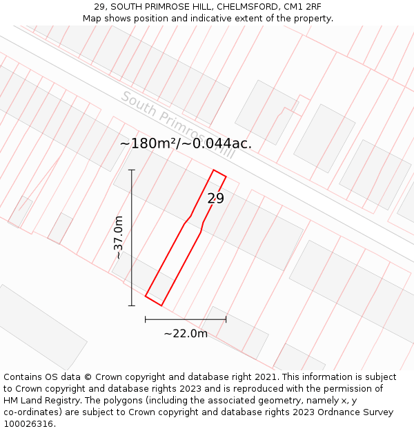 29, SOUTH PRIMROSE HILL, CHELMSFORD, CM1 2RF: Plot and title map