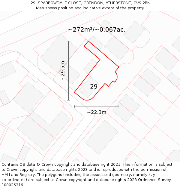 29, SPARROWDALE CLOSE, GRENDON, ATHERSTONE, CV9 2RN: Plot and title map