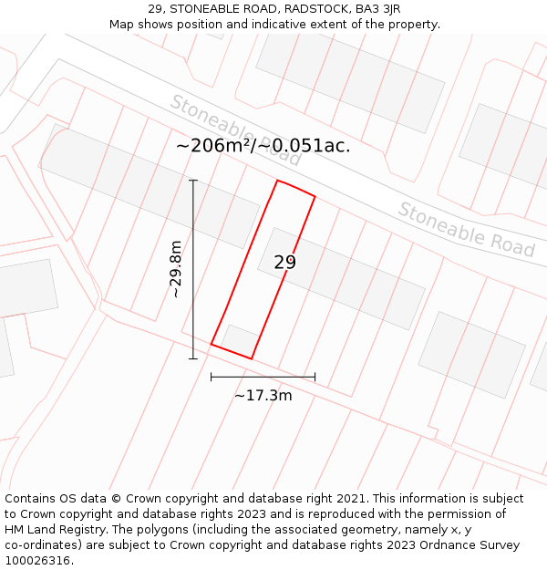 29, STONEABLE ROAD, RADSTOCK, BA3 3JR: Plot and title map