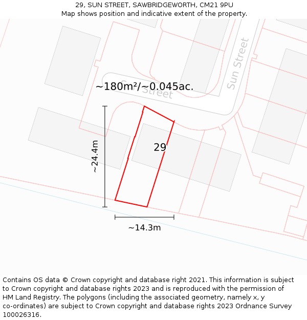 29, SUN STREET, SAWBRIDGEWORTH, CM21 9PU: Plot and title map