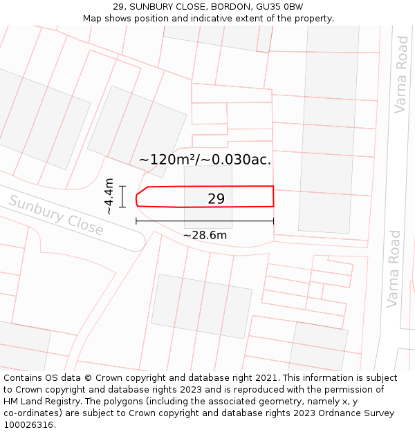 29, SUNBURY CLOSE, BORDON, GU35 0BW: Plot and title map