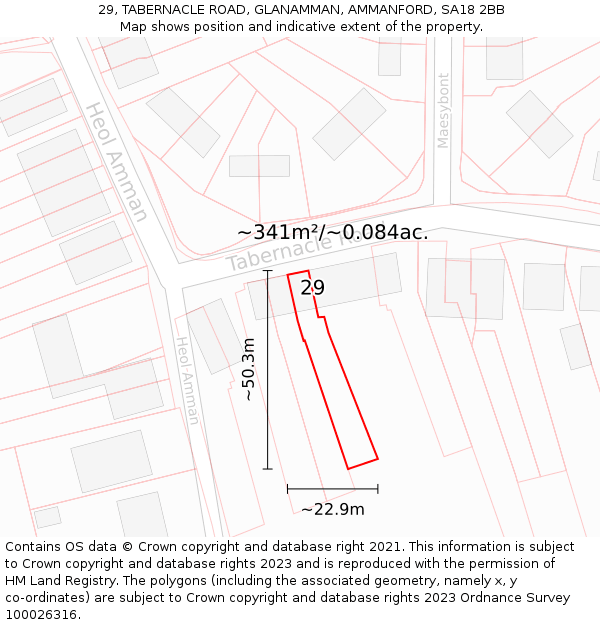 29, TABERNACLE ROAD, GLANAMMAN, AMMANFORD, SA18 2BB: Plot and title map
