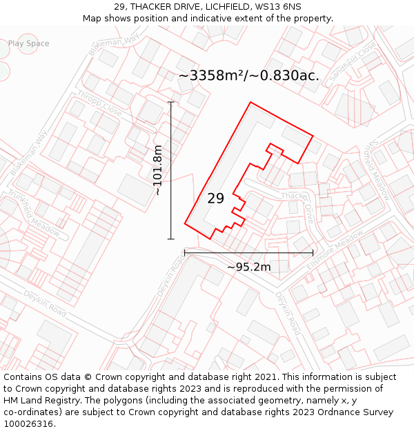 29, THACKER DRIVE, LICHFIELD, WS13 6NS: Plot and title map