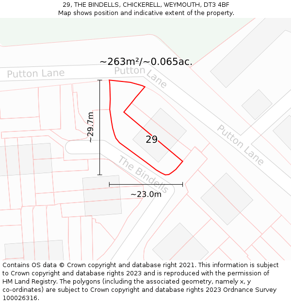 29, THE BINDELLS, CHICKERELL, WEYMOUTH, DT3 4BF: Plot and title map
