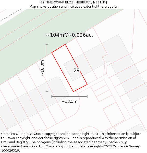 29, THE CORNFIELDS, HEBBURN, NE31 1YJ: Plot and title map