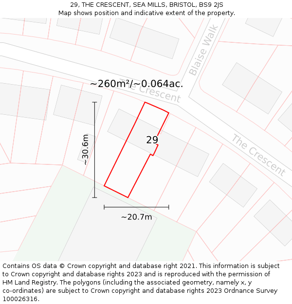 29, THE CRESCENT, SEA MILLS, BRISTOL, BS9 2JS: Plot and title map