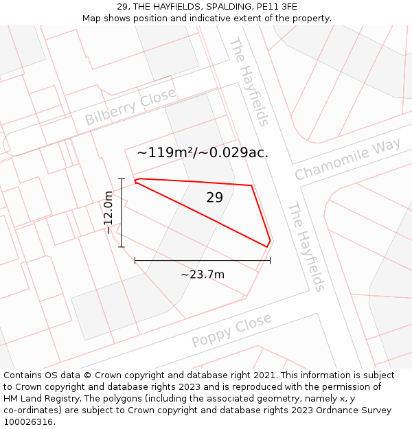 29, THE HAYFIELDS, SPALDING, PE11 3FE: Plot and title map