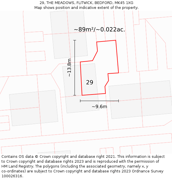 29, THE MEADOWS, FLITWICK, BEDFORD, MK45 1XG: Plot and title map