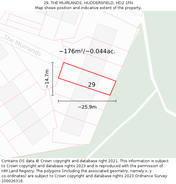 29, THE MUIRLANDS, HUDDERSFIELD, HD2 1PN: Plot and title map