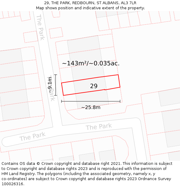 29, THE PARK, REDBOURN, ST ALBANS, AL3 7LR: Plot and title map