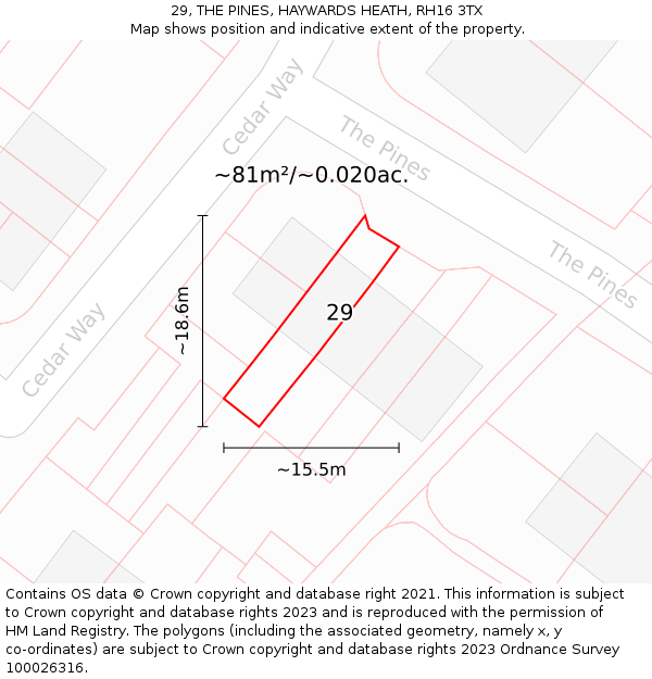 29, THE PINES, HAYWARDS HEATH, RH16 3TX: Plot and title map