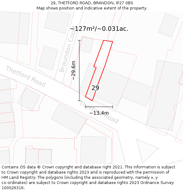29, THETFORD ROAD, BRANDON, IP27 0BS: Plot and title map