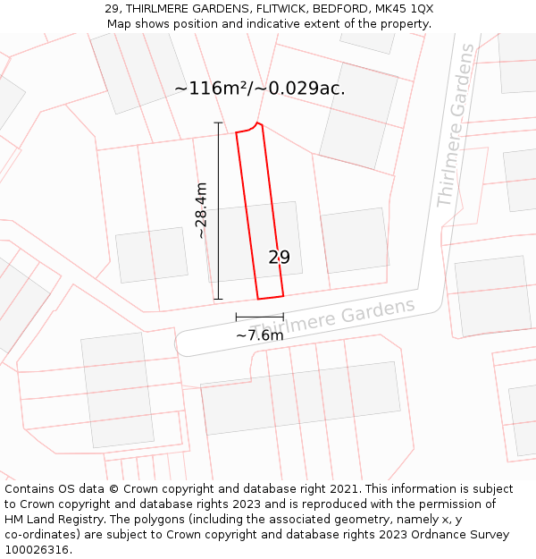 29, THIRLMERE GARDENS, FLITWICK, BEDFORD, MK45 1QX: Plot and title map