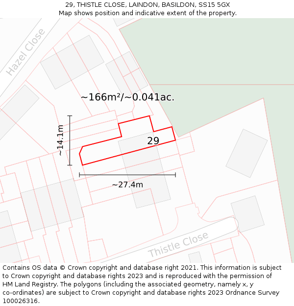 29, THISTLE CLOSE, LAINDON, BASILDON, SS15 5GX: Plot and title map