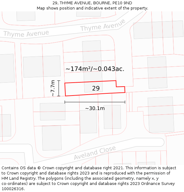 29, THYME AVENUE, BOURNE, PE10 9ND: Plot and title map