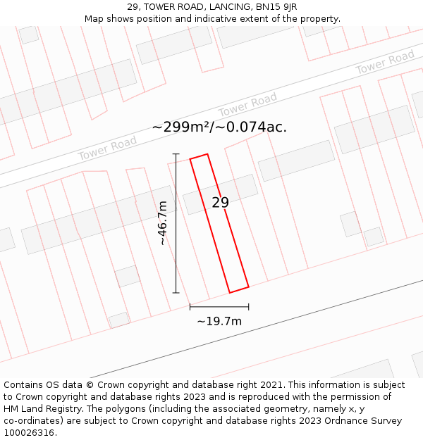 29, TOWER ROAD, LANCING, BN15 9JR: Plot and title map