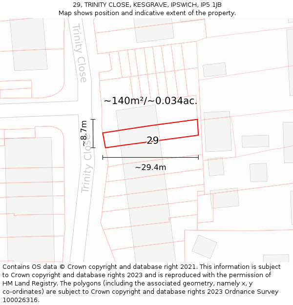 29, TRINITY CLOSE, KESGRAVE, IPSWICH, IP5 1JB: Plot and title map