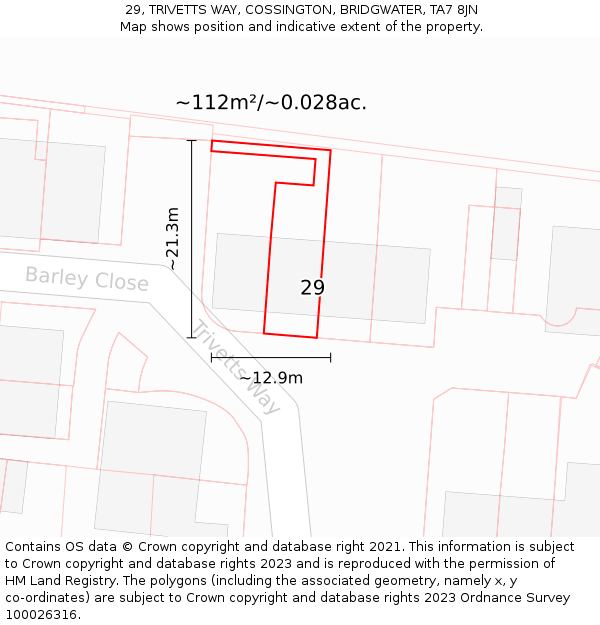 29, TRIVETTS WAY, COSSINGTON, BRIDGWATER, TA7 8JN: Plot and title map
