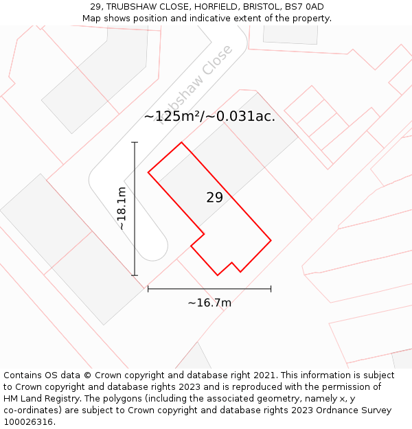 29, TRUBSHAW CLOSE, HORFIELD, BRISTOL, BS7 0AD: Plot and title map