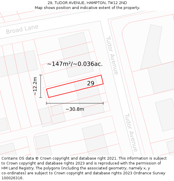 29, TUDOR AVENUE, HAMPTON, TW12 2ND: Plot and title map