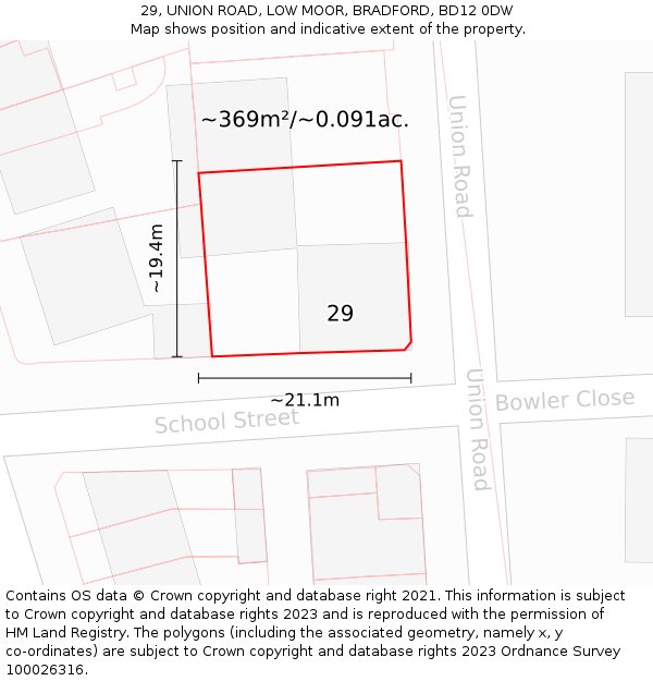29, UNION ROAD, LOW MOOR, BRADFORD, BD12 0DW: Plot and title map