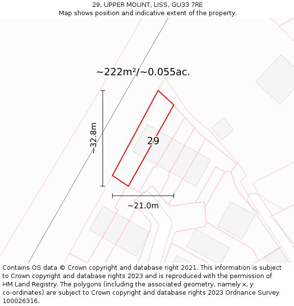 29, UPPER MOUNT, LISS, GU33 7RE: Plot and title map