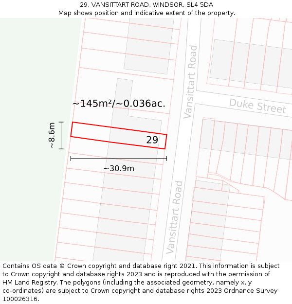 29, VANSITTART ROAD, WINDSOR, SL4 5DA: Plot and title map