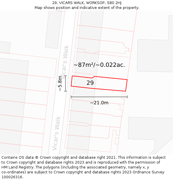 29, VICARS WALK, WORKSOP, S80 2HJ: Plot and title map