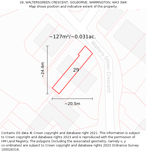 29, WALTERSGREEN CRESCENT, GOLBORNE, WARRINGTON, WA3 3WA: Plot and title map