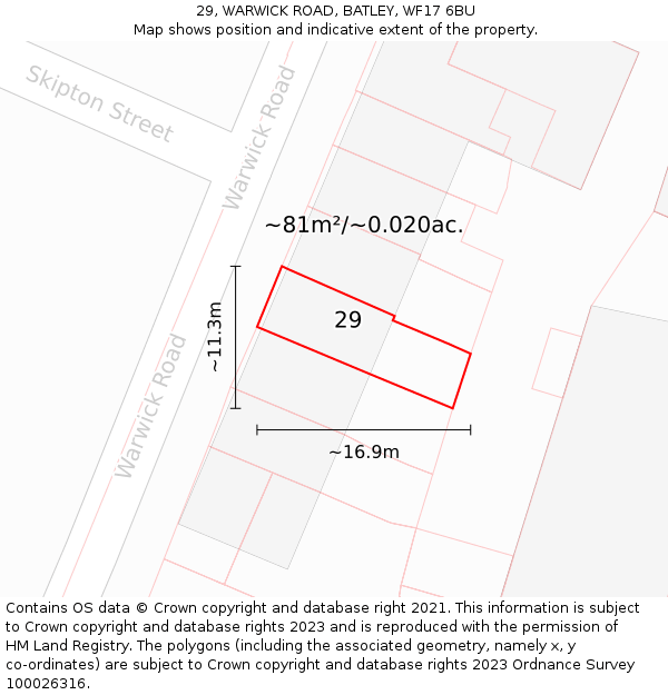 29, WARWICK ROAD, BATLEY, WF17 6BU: Plot and title map