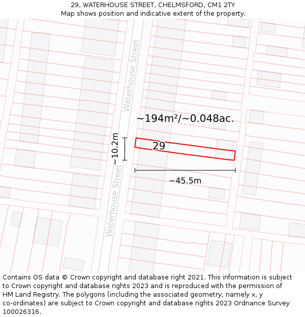 29, WATERHOUSE STREET, CHELMSFORD, CM1 2TY: Plot and title map