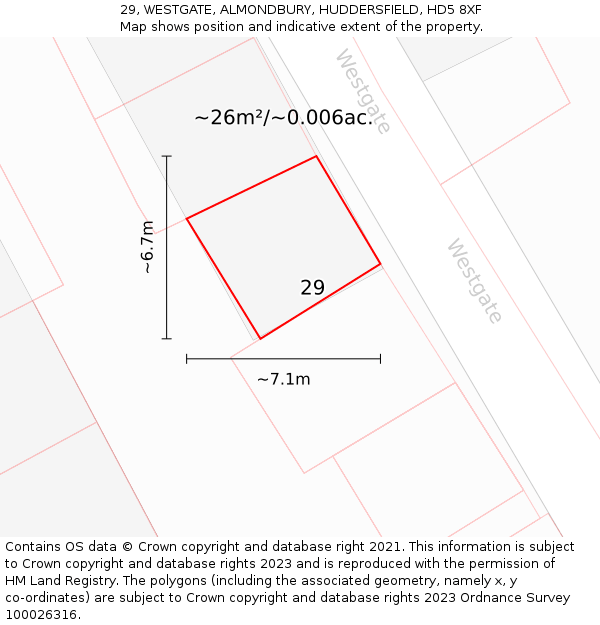 29, WESTGATE, ALMONDBURY, HUDDERSFIELD, HD5 8XF: Plot and title map