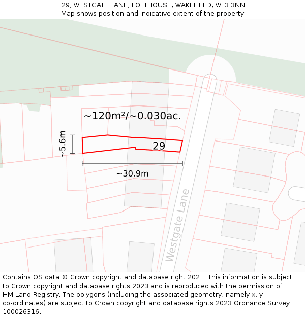 29, WESTGATE LANE, LOFTHOUSE, WAKEFIELD, WF3 3NN: Plot and title map