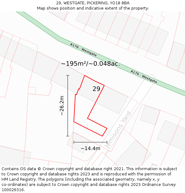 29, WESTGATE, PICKERING, YO18 8BA: Plot and title map