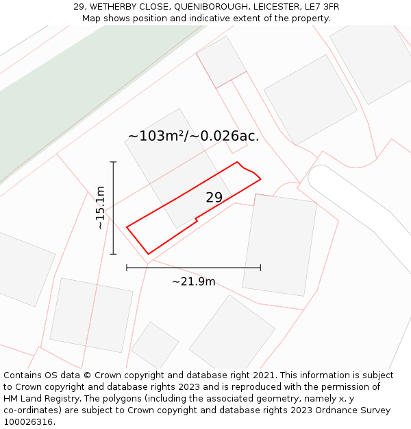 29, WETHERBY CLOSE, QUENIBOROUGH, LEICESTER, LE7 3FR: Plot and title map