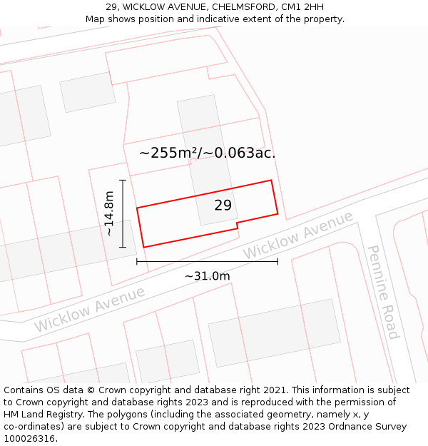 29, WICKLOW AVENUE, CHELMSFORD, CM1 2HH: Plot and title map