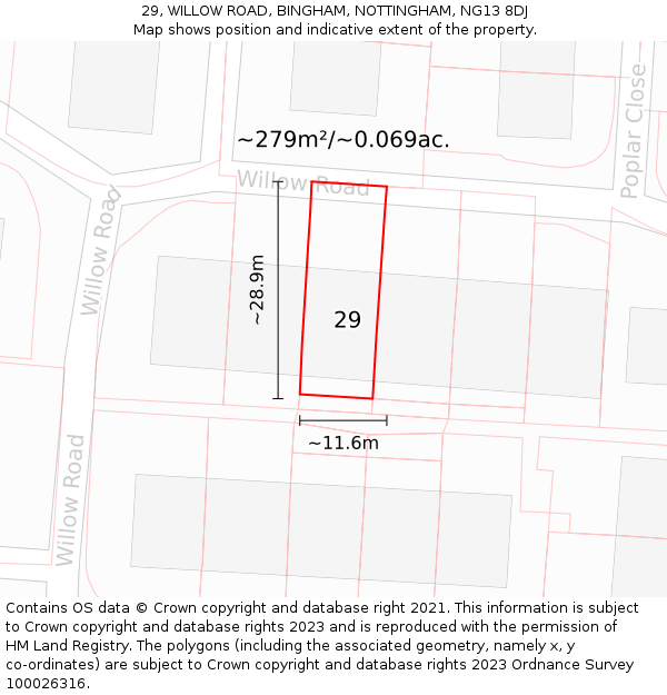 29, WILLOW ROAD, BINGHAM, NOTTINGHAM, NG13 8DJ: Plot and title map