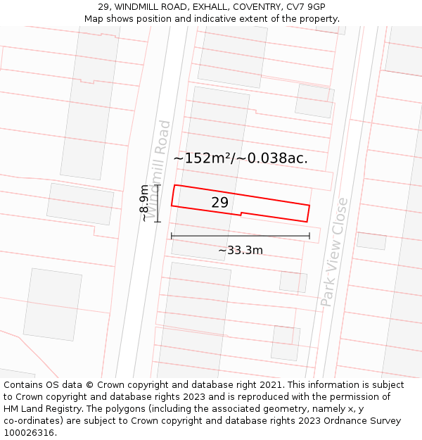 29, WINDMILL ROAD, EXHALL, COVENTRY, CV7 9GP: Plot and title map
