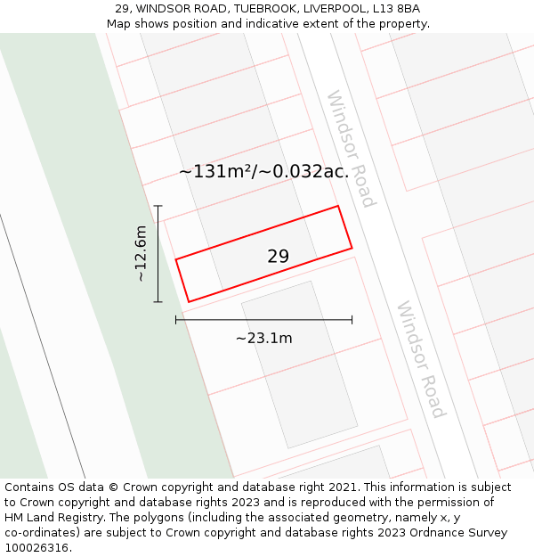29, WINDSOR ROAD, TUEBROOK, LIVERPOOL, L13 8BA: Plot and title map