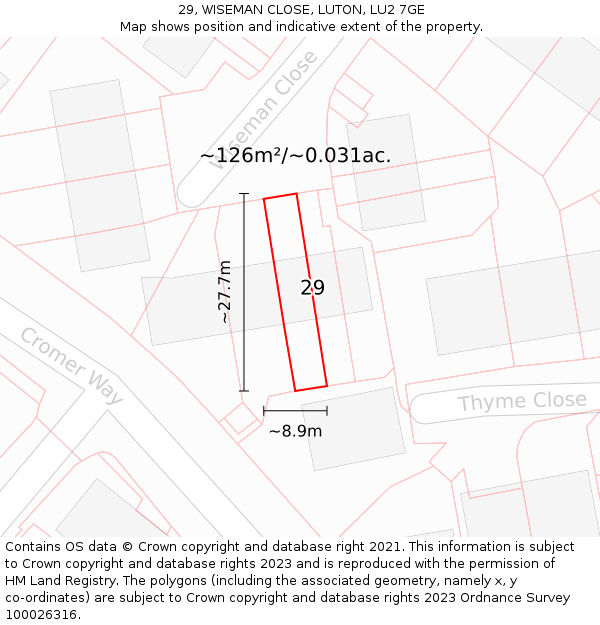 29, WISEMAN CLOSE, LUTON, LU2 7GE: Plot and title map