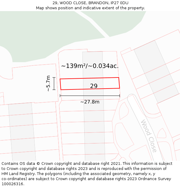29, WOOD CLOSE, BRANDON, IP27 0DU: Plot and title map