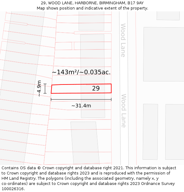 29, WOOD LANE, HARBORNE, BIRMINGHAM, B17 9AY: Plot and title map