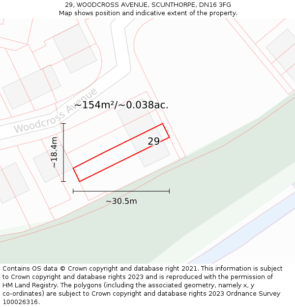 29, WOODCROSS AVENUE, SCUNTHORPE, DN16 3FG: Plot and title map