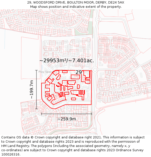 29, WOODSFORD DRIVE, BOULTON MOOR, DERBY, DE24 5AX: Plot and title map