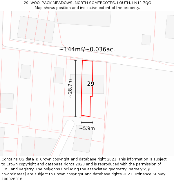 29, WOOLPACK MEADOWS, NORTH SOMERCOTES, LOUTH, LN11 7QG: Plot and title map