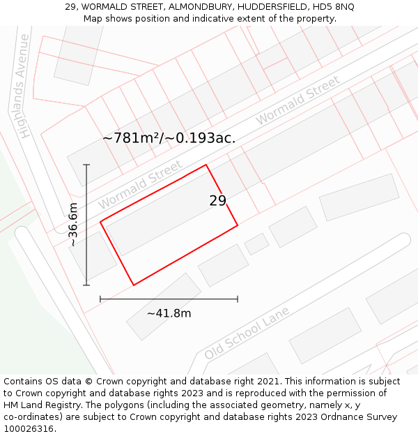 29, WORMALD STREET, ALMONDBURY, HUDDERSFIELD, HD5 8NQ: Plot and title map