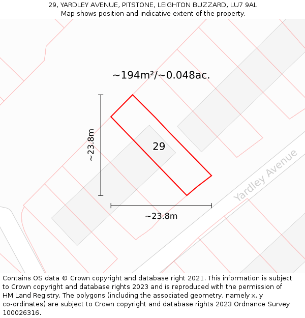 29, YARDLEY AVENUE, PITSTONE, LEIGHTON BUZZARD, LU7 9AL: Plot and title map